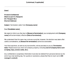 termination letter template snippet